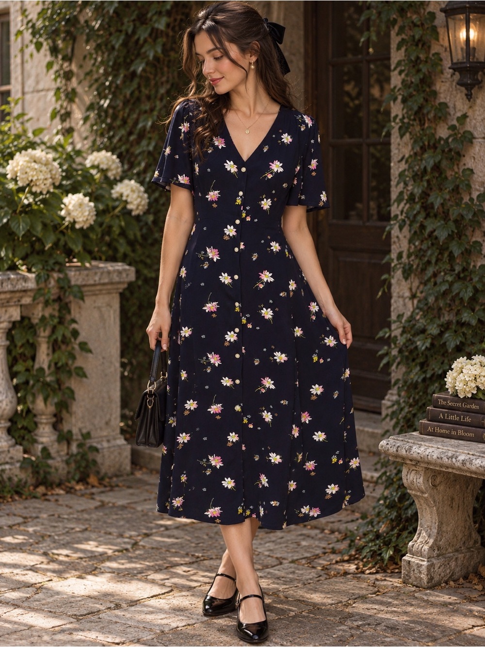 GAP Navy Floral Button-Front Midi Dress Size 16 Tall – Romantic Preppy